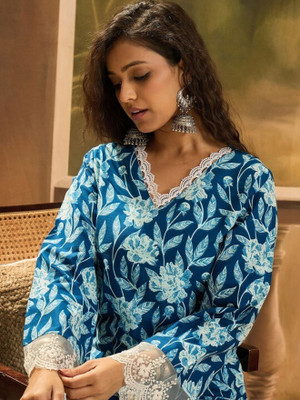 KHUHA Women Printed Straight Kurta(Blue)