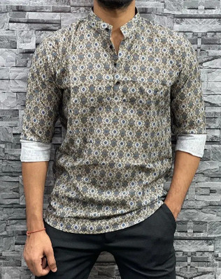 GEOKURTA Men Geometric Print Straight Kurta(Grey)