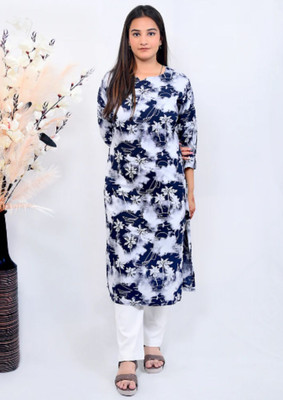 brozzo Women Floral Print A-line Kurta(Blue, White)