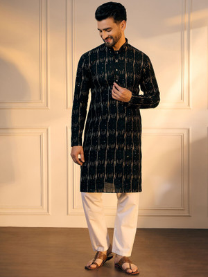 ANOUK Men Self Design Straight Kurta(Black)