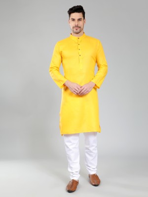 ETHNICSUTRA Men Self Design Straight Kurta(Yellow)