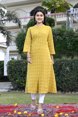 dimonsher Women Embroidered A-line Kurta(Yellow, White)