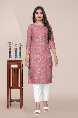 SIMPLYETHNIC Women Printed Straight Kurta(Pink, White)