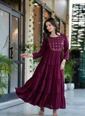 CHARVI CREATION Women Solid Flared Kurta(Purple)