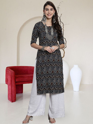 EthnicBasket Women Printed A-line Kurta(Black)