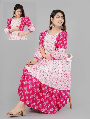 Hegza Women Printed Anarkali Kurta(Pink)