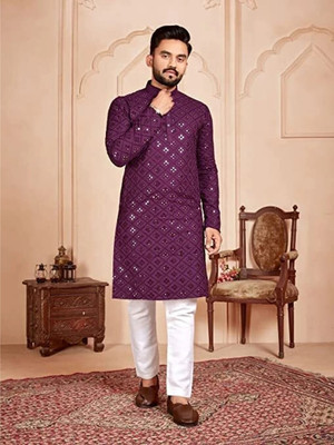 JENZEE Fashion Men Embellished, Embroidered Straight Kurta(Purple)