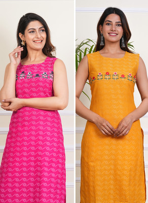 BARWAD Women Printed Straight Kurta(Yellow, Pink)
