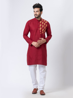 Rainbow Cloths Men Embroidered Straight Kurta(Maroon)