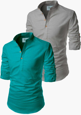 TrendiVastra Men Solid Straight Kurta(Grey, Light Green)