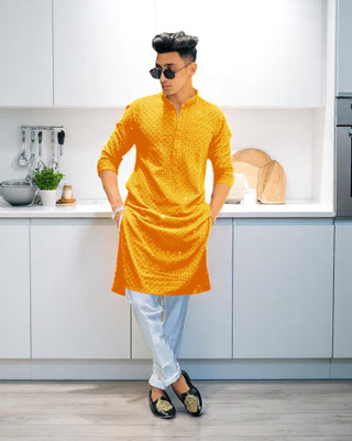 TRUST OUS Men Embroidered Straight Kurta(Yellow)