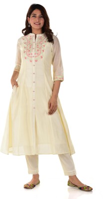 Anutarra Women Embroidered A-line Kurta(Beige)