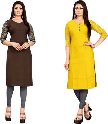 HouseOfCommon Women Solid Straight Kurta(Brown, Yellow)