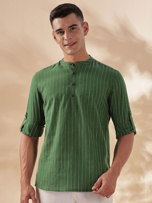 ANOUK Men Striped Straight Kurta(Green)
