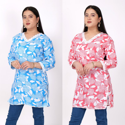 NoizFashion Women Floral Print Straight Kurta(Blue, Pink)