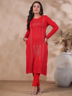 Ishin Women Woven Design Straight Kurta(Red, Gold)