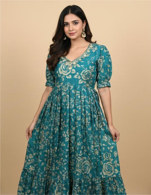 shhop Women Floral Print, Embellished Anarkali Kurta(Blue)