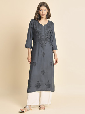 Sofisty Women Chikan Embroidery Straight Kurta(Grey)