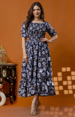 fantasy fab Women Printed Anarkali Kurta(Blue)