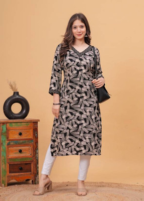 NIMVY Women Printed Straight Kurta(Black)