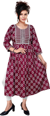 R KANISHKA Women Block Print Ethnic Dress Kurta(Maroon)