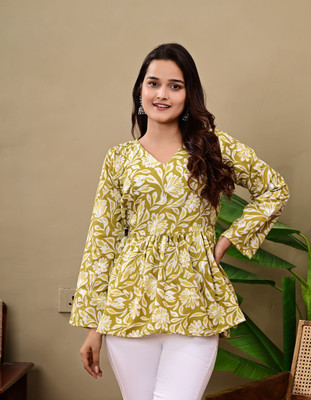 Laavida Women Printed Flared Kurta(Light Green)