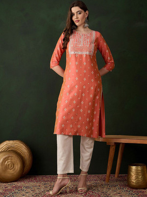 Sangria Women Embroidered Straight Kurta(Orange)