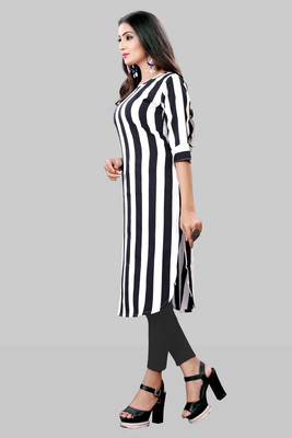 maruti fab Women Striped Straight Kurta(White, Black)