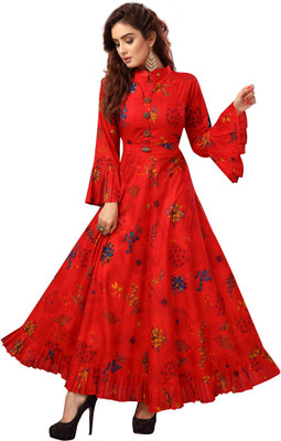 madhuram textiles Women Printed Flared Kurta(Red)