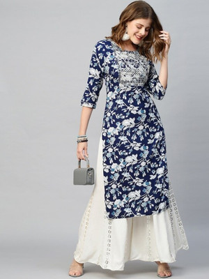 Deepyog Women Printed Straight Kurta(Dark Blue)