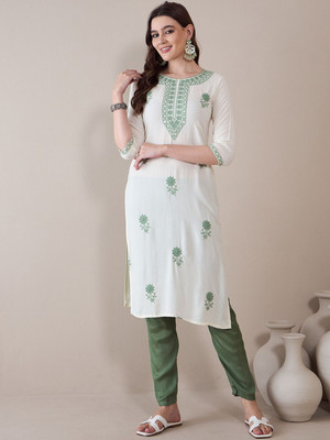 ANOUK Women Floral Print Straight Kurta(White)