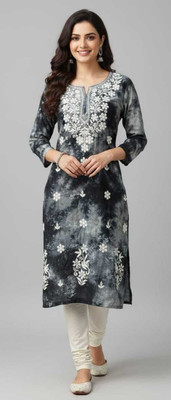 Awadh chikankari art Women Dyed/Ombre, Embroidered A-line Kurta(Black)
