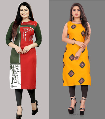 tanvi creation Women Printed Straight Kurta(Red, Yellow)