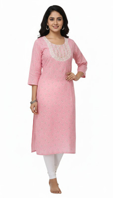 Andromeda Women Printed, Embroidered Straight Kurta(Pink)