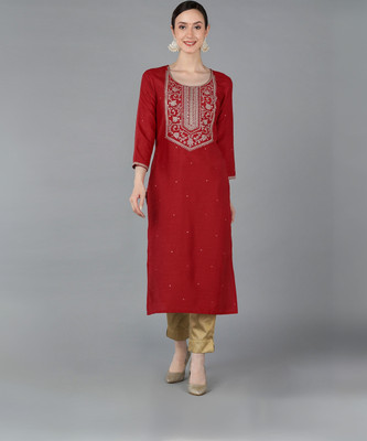AHIKA Women Embroidered Straight Kurta(Red)