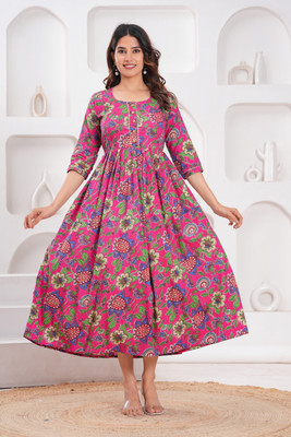 RIBAKLI Women Animal Print Anarkali Kurta(Multicolor)