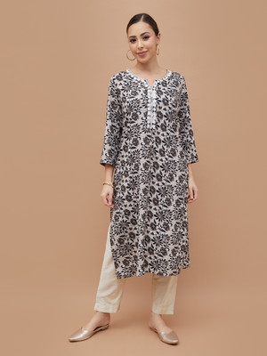 Melange by Lifestyle Women Printed Straight Kurta(Grey, Black)
