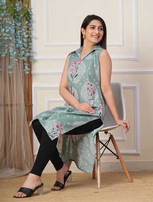 Loomista Women Printed Straight Kurta(Grey)