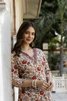 HYTEN Women Embroidered Straight Kurta(Beige)