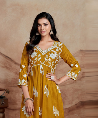 Youthnic Women Chikan Embroidery A-line Kurta(Gold)