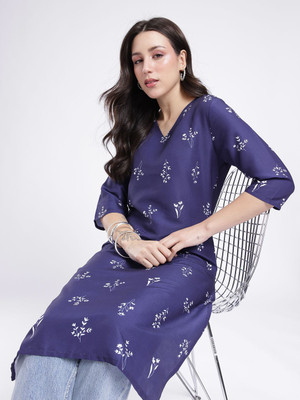 Anouk Rustic Women Floral Print Straight Kurta(Blue)