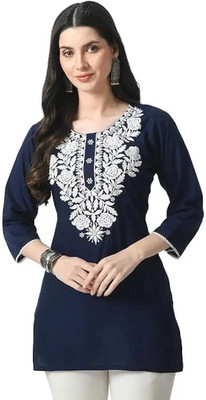 Indonium Women Embroidered Straight Kurta(Blue)