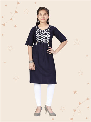 Kidotsav Girls Embroidered A-line Kurta(Dark Blue)
