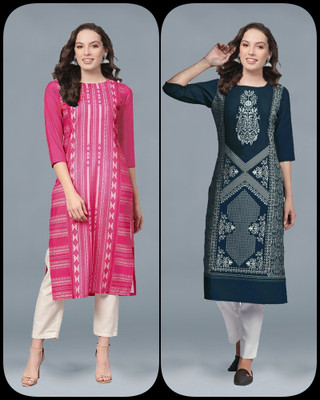glamson Women Printed A-line Kurta(Blue)