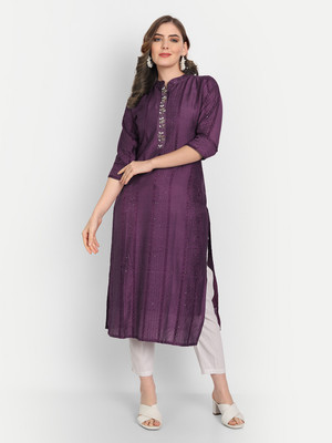 Siyanic Women Embroidered Straight Kurta(Purple)