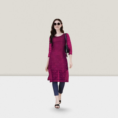 HOC's Women Self Design Straight Kurta(Purple)