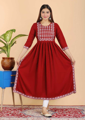 Harshita Enterprises Women Printed A-line Kurta(Red)