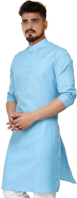 omkar Men Solid Straight Kurta(Light Blue)