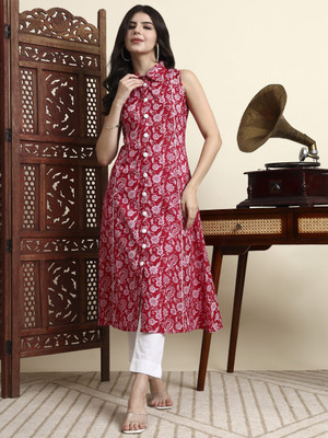 Yufta Women Floral Print Anarkali Kurta(Pink)