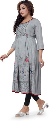 top by Fashion Women Printed Anarkali Kurta(Grey)